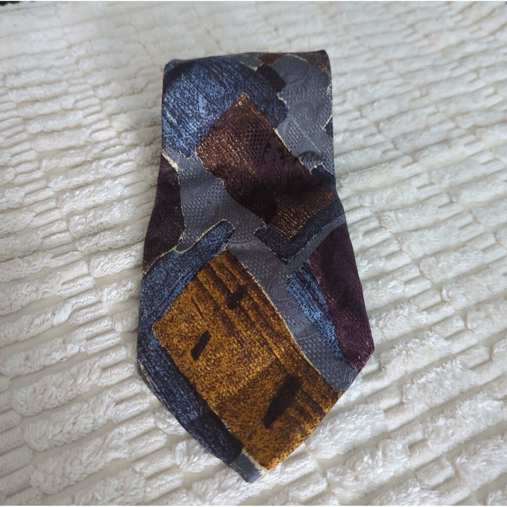 MONDO UOMO Men's 100% Handmade Silk Necktie ITALY Geometric Gray/Tan/Blue